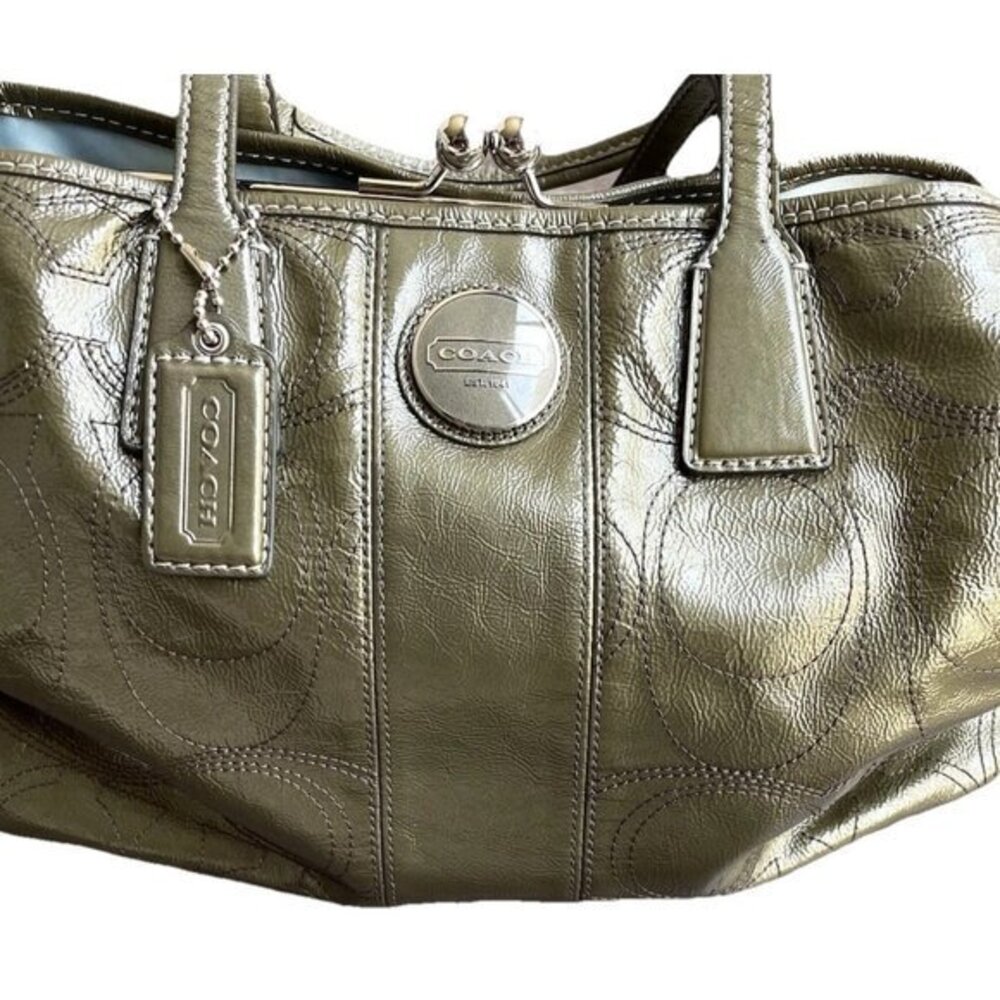 Authentic Coach Olive Green Kisslock-Center Leather Carryall Bag F15658